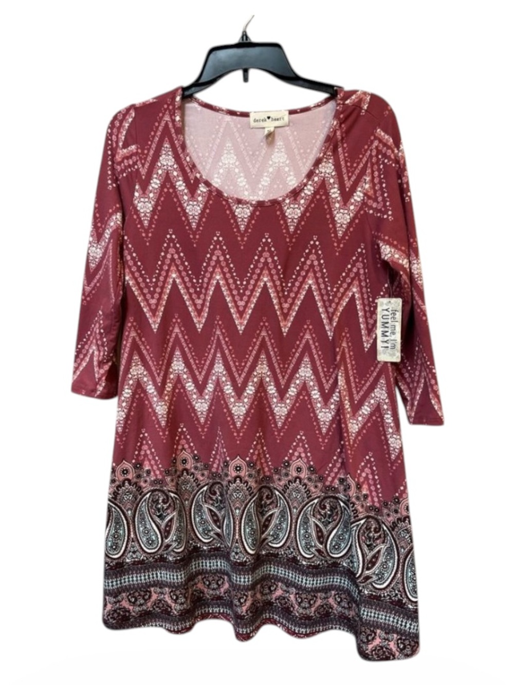 Derek Heart NWT Mauve Paisley Border Dress M 70s Boho 3/4 Sleeve